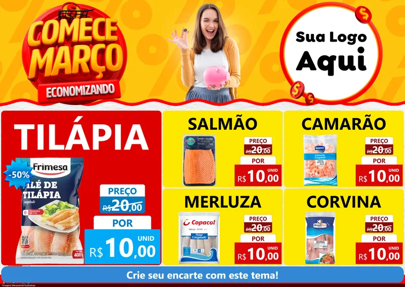 Modelo de Encarte para Encarte A4 Horizontal com o tema Comece Março Economizando para Peixaria