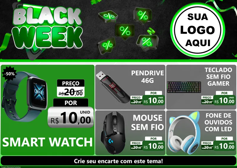 Modelo de Encarte para Encarte A4 Horizontal com o tema Black Week para Informática