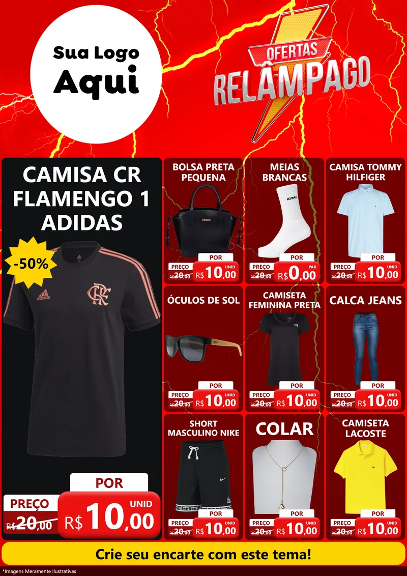 Modelo de Encarte para Encarte A4 Vertical com o tema Ofertas Relâmpago para Roupas e acessórios