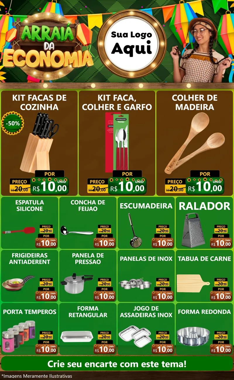 Modelo de Encarte para Encarte Grande com o tema Arraiá de Economia para Utilidades Domésticas