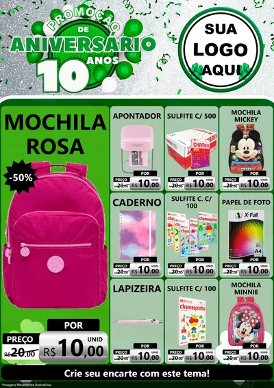 Modelo de Encarte para Encarte A4 Vertical com o tema Promoção de Aniversário - 10 Anos para Papelaria