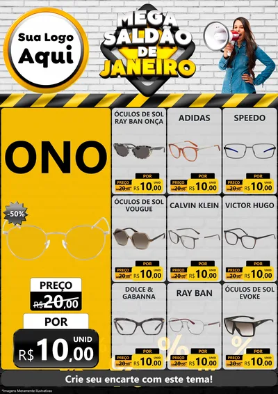 Modelo de Encarte para Encarte A4 Vertical com o tema Mega Saldão de Janeiro para Óticas