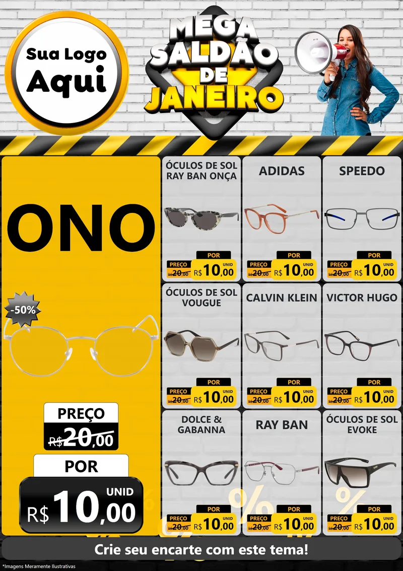 Modelo de Encarte para Encarte A4 Vertical com o tema Mega Saldão de Janeiro para Óticas