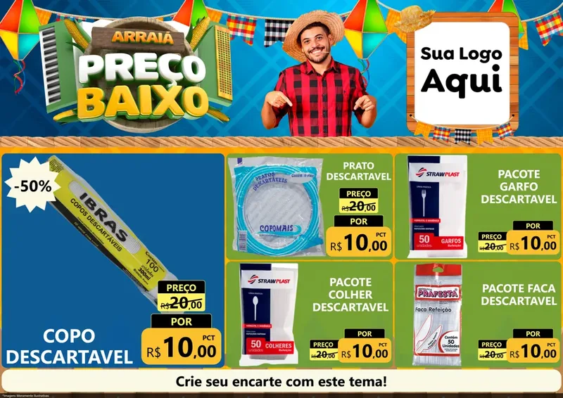 Modelo de Encarte para Encarte A4 Horizontal com o tema Arraiá de Preço Baixo - Junina para Embalagens