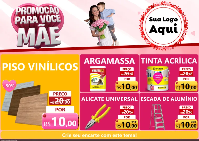 Modelo de Encarte para Encarte A4 Horizontal com o tema Promoção Para Você Mãe para Material para Construção