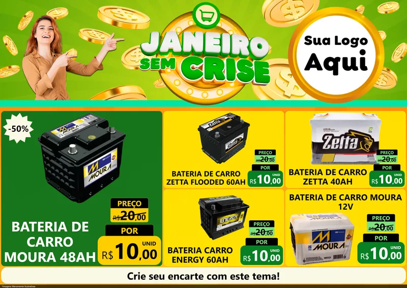 Modelo de Encarte para Encarte A4 Horizontal com o tema Janeiro Sem Crise para Baterias Elétricas