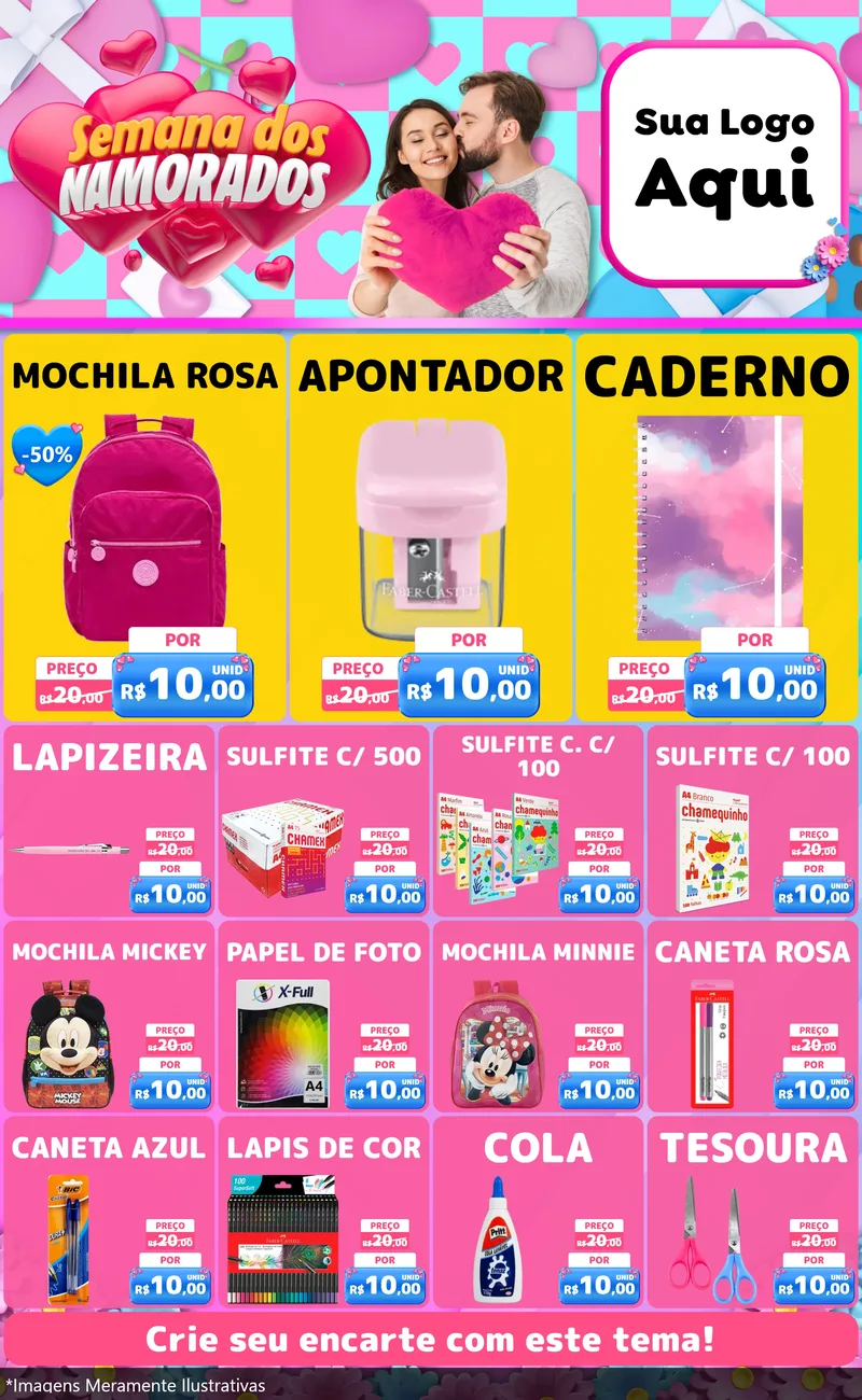Modelo de Encarte para Encarte Grande com o tema Semana dos Namorados para Papelaria