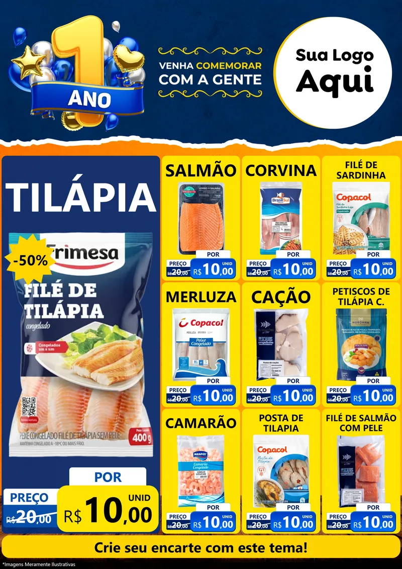 Modelo de Encarte para Encarte A4 Vertical com o tema Um Ano de Aniversário para Peixaria
