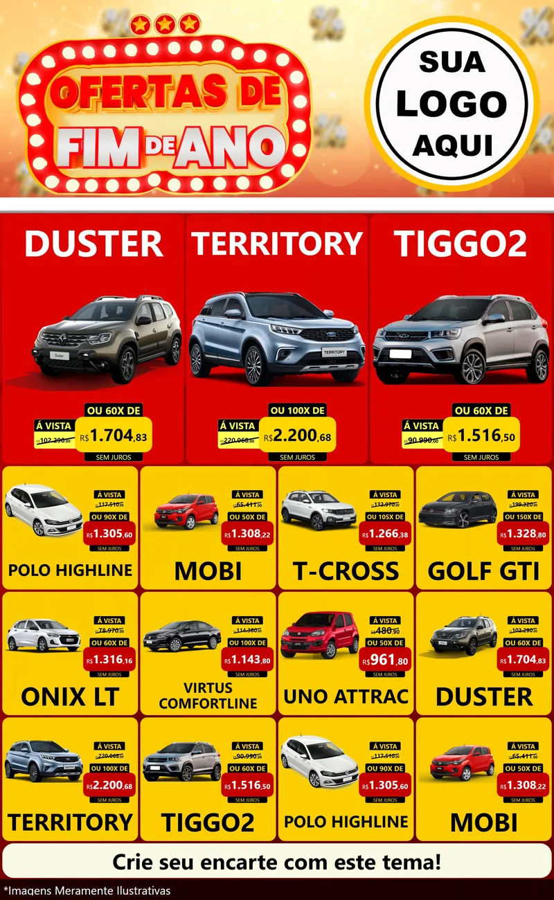 Modelo de Encarte para Encarte Grande com o tema Ofertas de Fim de Ano para Concessionaria de Carros