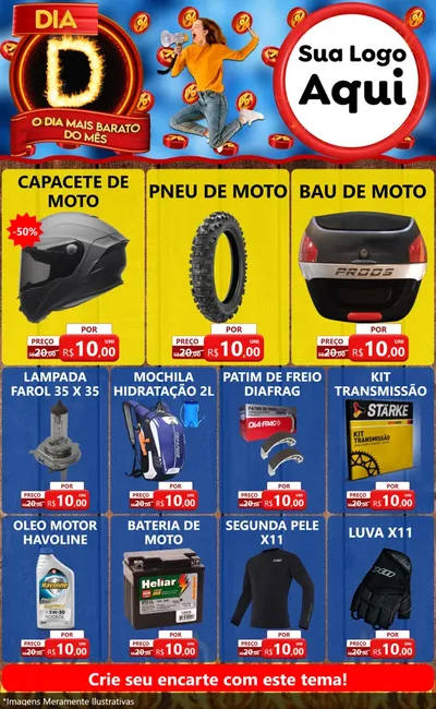 Modelo de Encarte para Encarte Grande com o tema Dia D - O Dia Mais Barato Do Mês para Moto peças