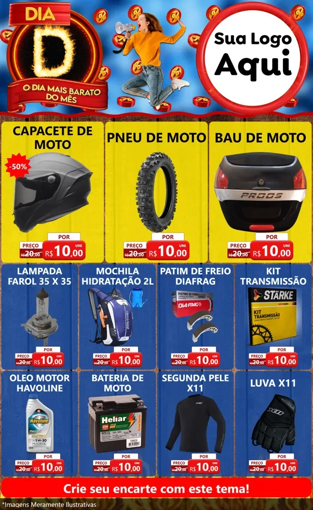 Modelo de Encarte para Encarte Grande com o tema Dia D - O Dia Mais Barato Do Mês para Moto peças