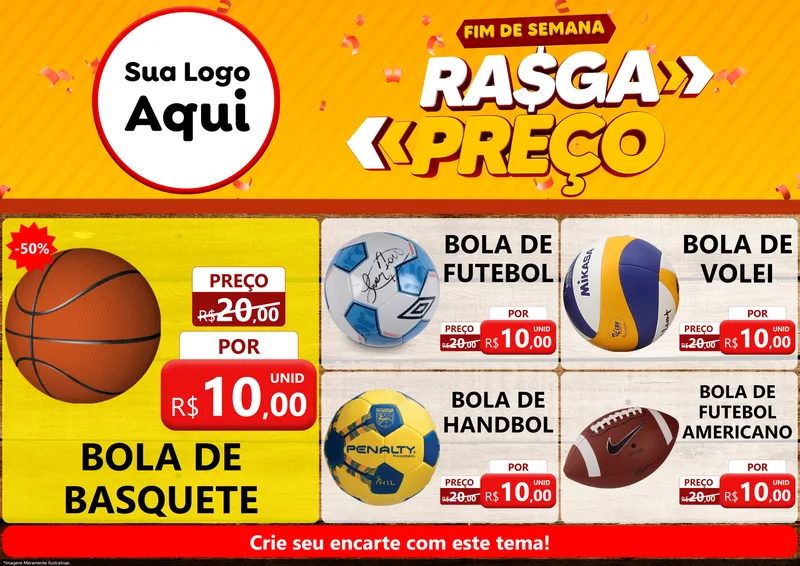Modelo de Encarte para Encarte A4 Horizontal com o tema Fim de Semana Rasga Preços para Artigos Esportivos