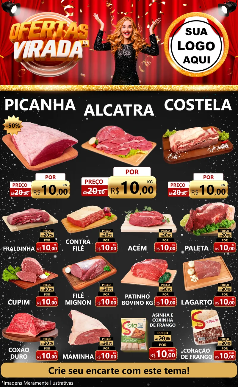 Modelo de Encarte para Encarte Grande com o tema Ofertas da Virada para Açougue