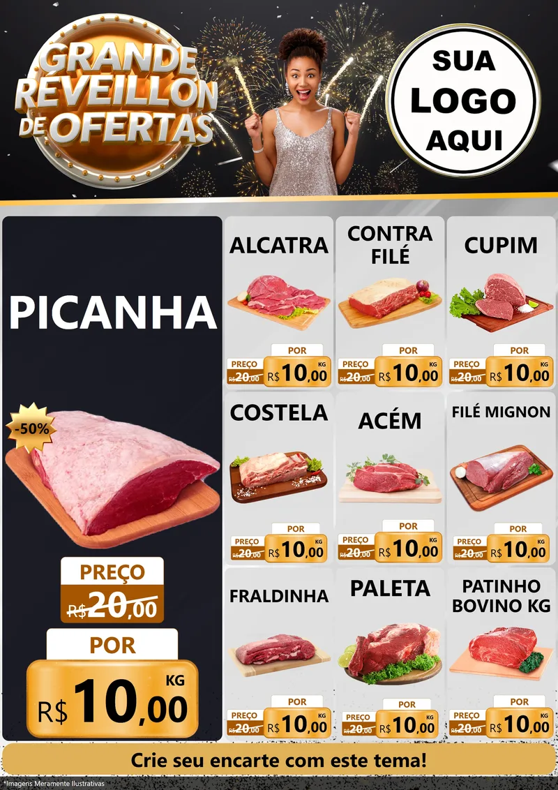 Modelo de Encarte para Encarte A4 Vertical com o tema Grande Réveillon de Ofertas para Açougue