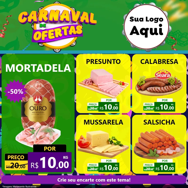 Modelo de Rede Social para Feed Facebook com o tema Carnaval de Ofertas para Frios e Laticínios