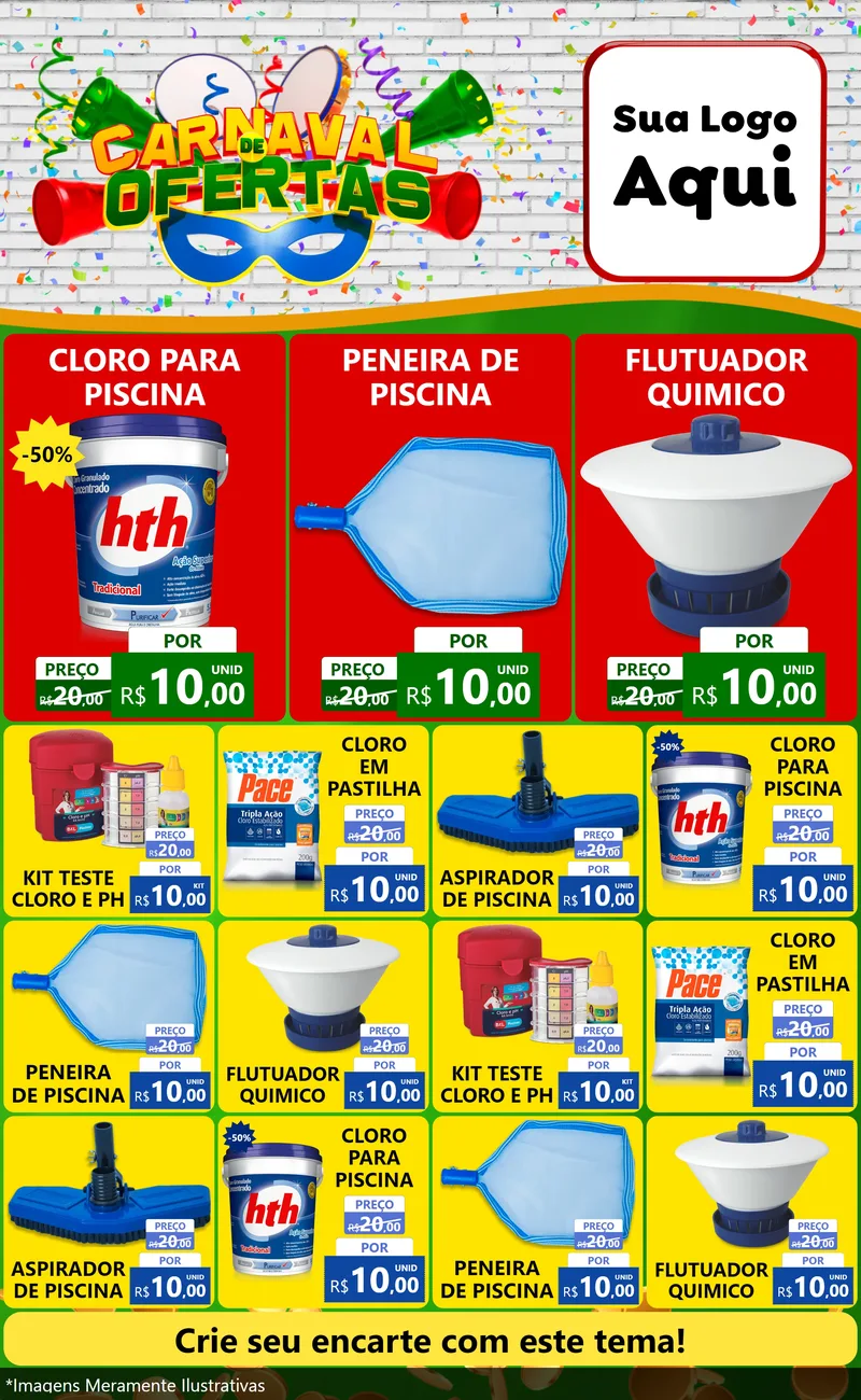 Modelo de Encarte para Encarte Grande com o tema Carnaval de Ofertas para Produtos para Piscina