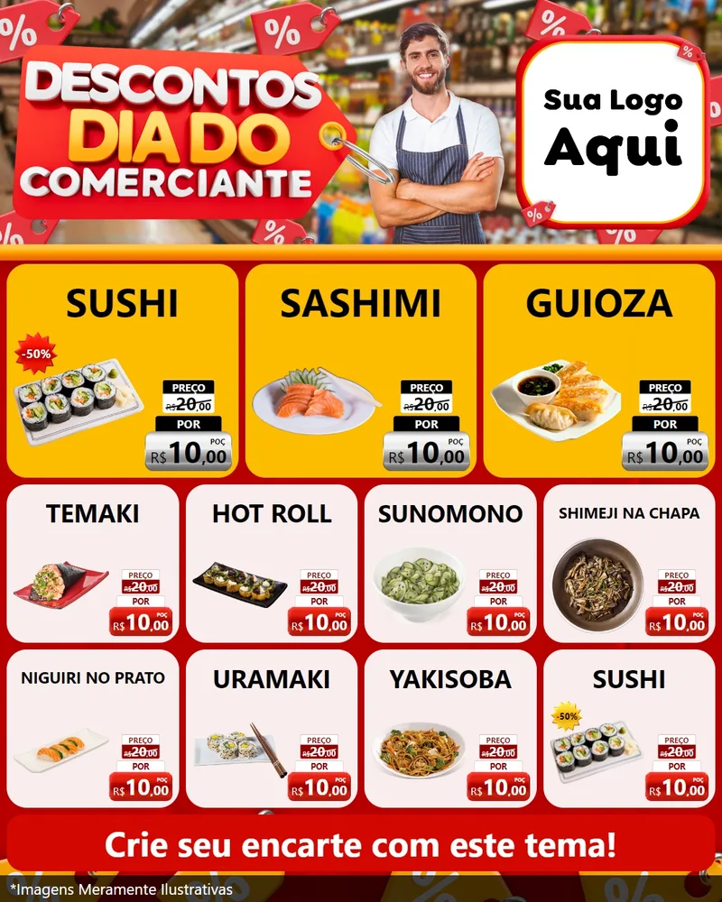 Modelo de Rede Social para Feed Instagram com o tema Descontos Dia do Comerciante para Comida japonesa