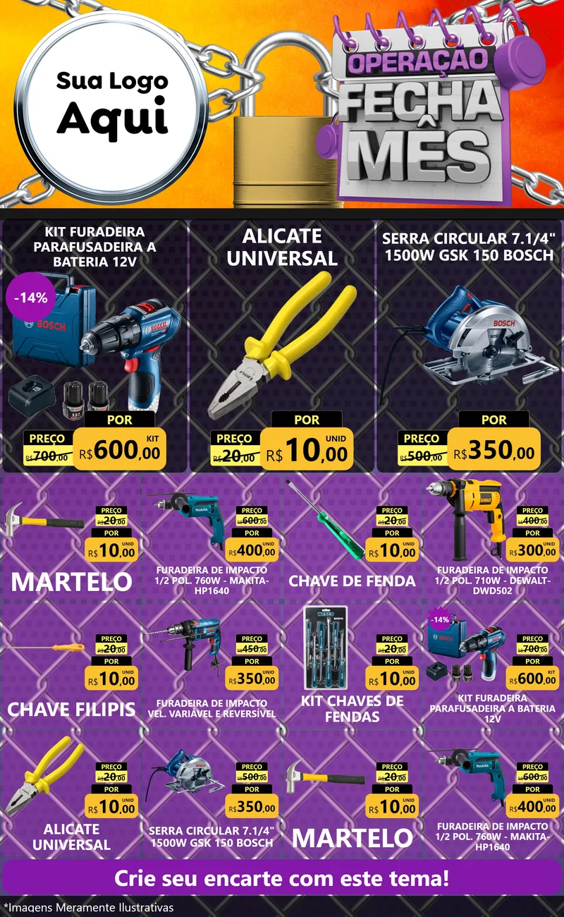 Modelo de Encarte para Encarte Grande com o tema Operação Fecha Mês para Maquinas e Ferramentas