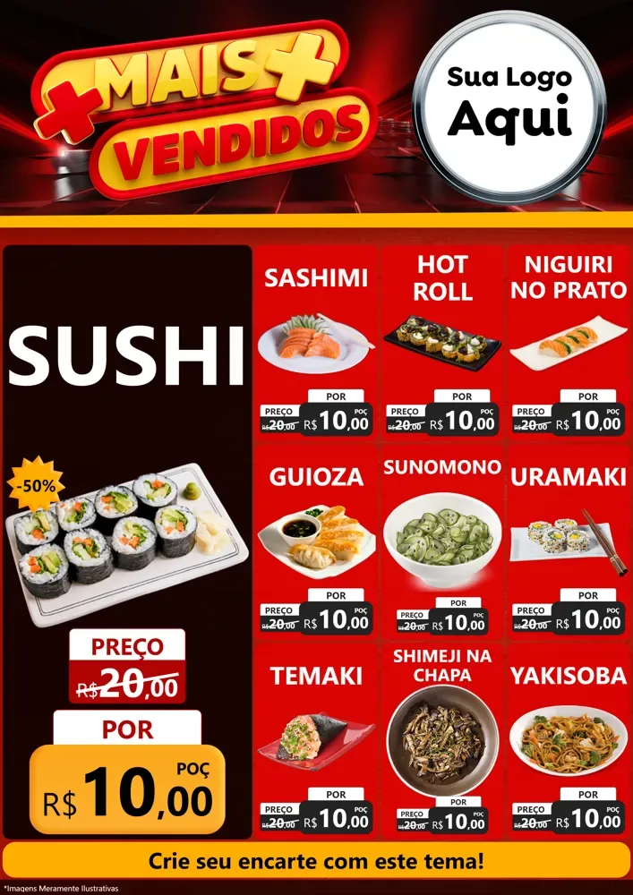 Modelo de Encarte para Encarte A4 Vertical com o tema Mais Vendidos para Comida japonesa