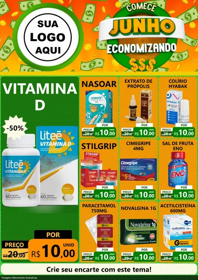 Modelo de Encarte para Encarte A4 Vertical com o tema Comece Junho Economizando para Farmácia