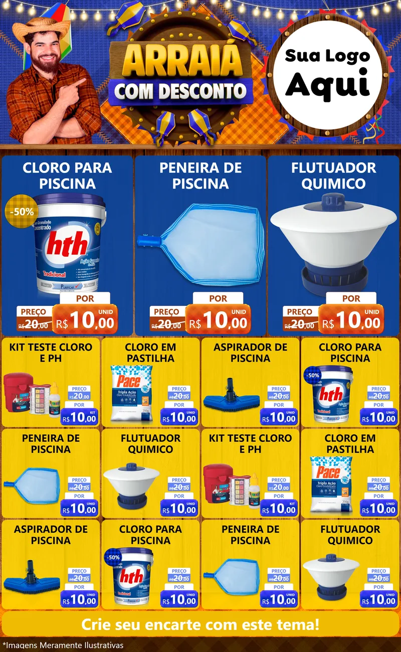 Modelo de Encarte para Encarte Grande com o tema Arraiá Com Desconto para Produtos para Piscina