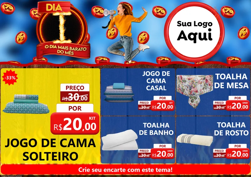Modelo de Encarte para Encarte A4 Horizontal com o tema Dia I - O Dia Mais Barato Do Mês para Cama, Mesa e Banho