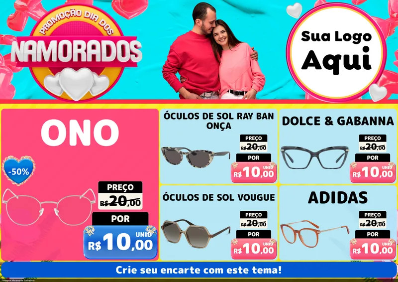 Modelo de Encarte para Encarte A4 Horizontal com o tema Promoção Dia dos Namorados para Óticas