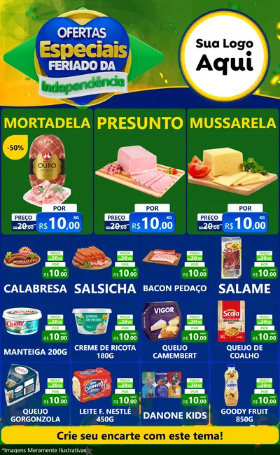 Modelo de Encarte para Encarte Grande com o tema Ofertas Especiais Feriado da Independência para Frios e Laticínios
