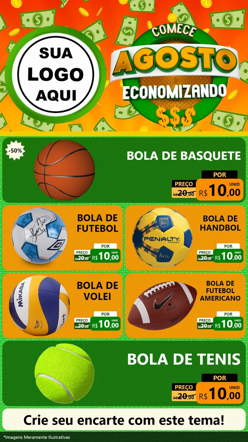 Modelo de TV para TV Vertical com o tema Comece Agosto Economizando para Artigos Esportivos
