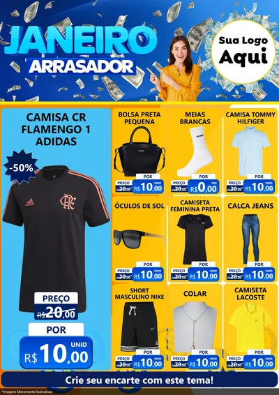 Modelo de Encarte para Encarte A4 Vertical com o tema Janeiro Arrasador para Roupas e acessórios