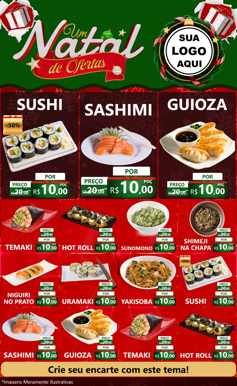 Modelo de Encarte para Encarte Grande com o tema Um Natal de Ofertas para Comida japonesa