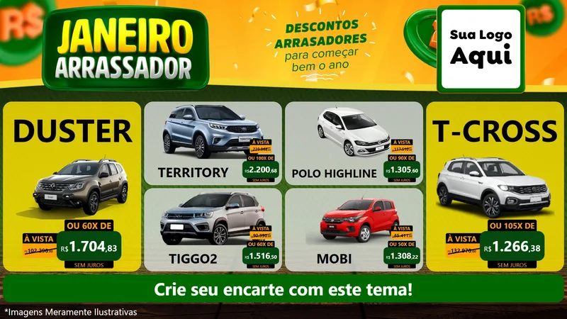 Modelo de TV para TV Horizontal com o tema Janeiro Arrasador para Concessionaria de Carros