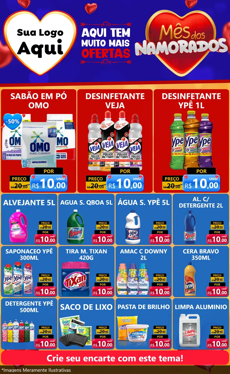 Modelo de Encarte para Encarte Grande com o tema Mês dos Namorados para Produtos de Limpeza