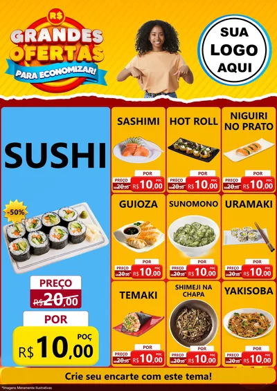 Modelo de Encarte para Encarte A4 Vertical com o tema Grandes Ofertas Para Economizar! para Comida japonesa