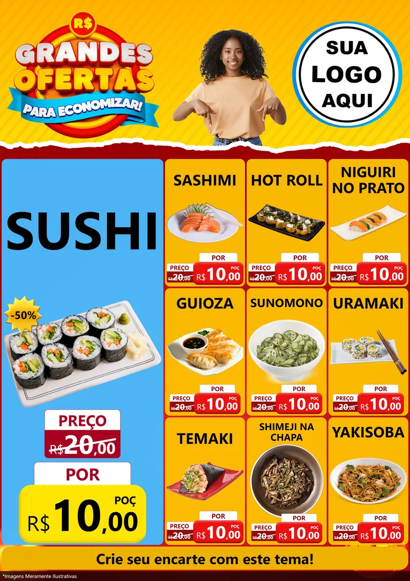 Modelo de Encarte para Encarte A4 Vertical com o tema Grandes Ofertas Para Economizar! para Comida japonesa