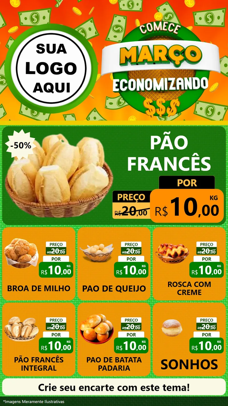 Modelo de Rede Social para Stories com o tema Comece Março Economizando para Padaria
