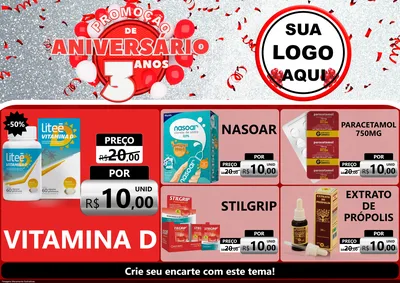 Modelo de Encarte para Encarte A4 Horizontal com o tema Promoção de Aniversário - 3 Anos para Farmácia
