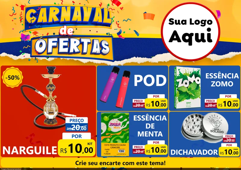 Modelo de Encarte para Encarte A4 Horizontal com o tema Carnaval de Ofertas para Tabacaria