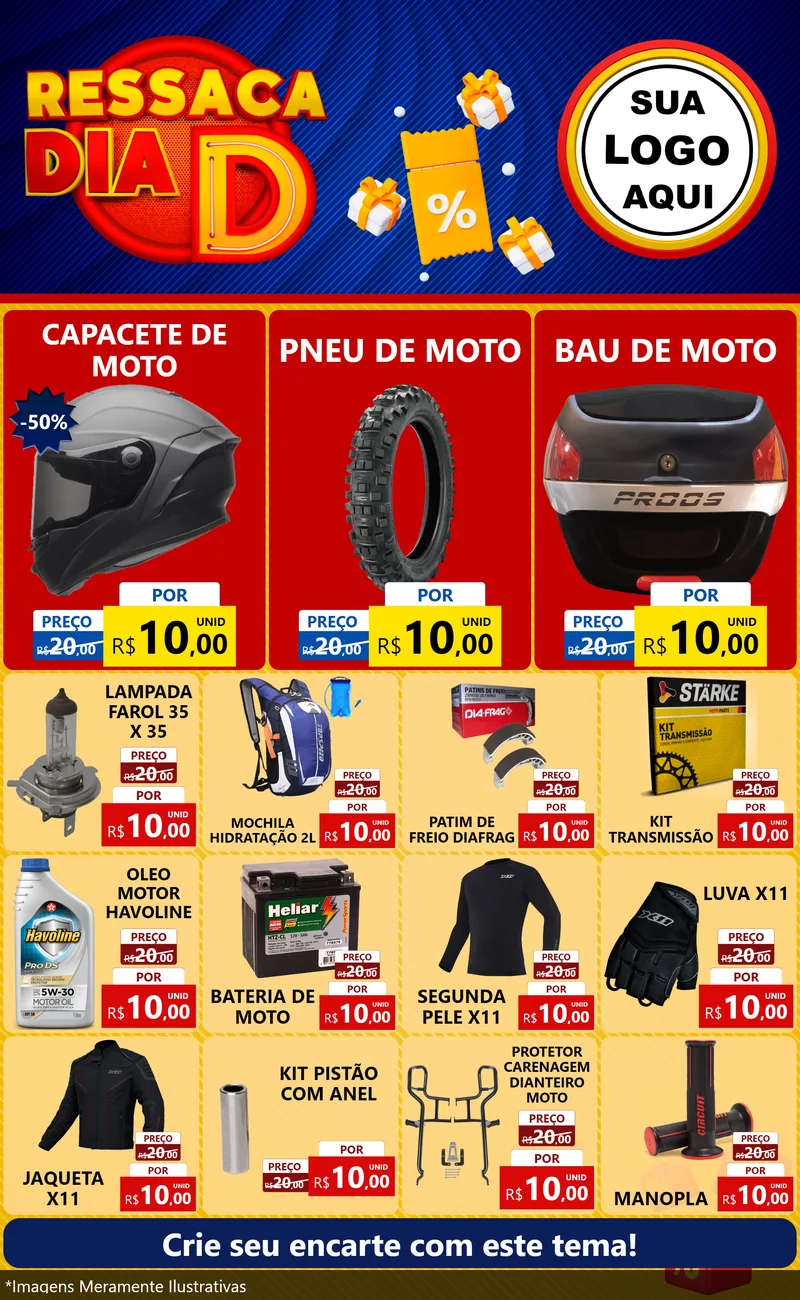 Modelo de Encarte para Encarte Grande com o tema Ressaca Dia D para Moto peças