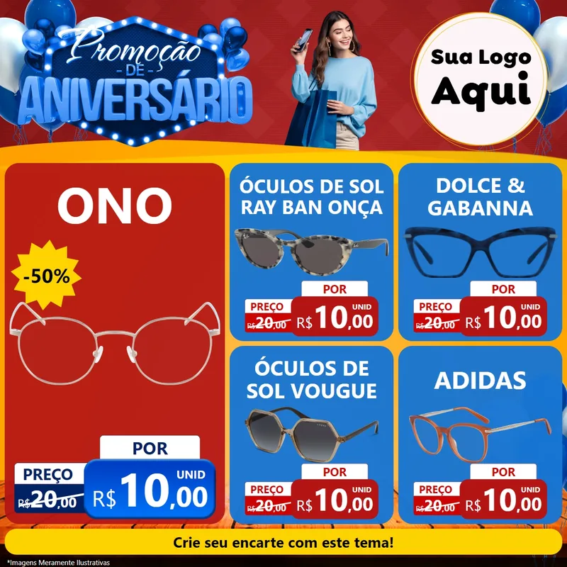 Modelo de Rede Social para Feed Facebook com o tema Promoção de Aniversário para Óticas