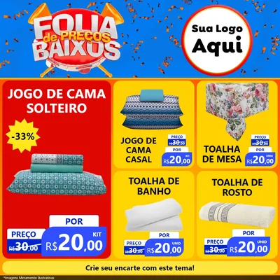 Modelo de Rede Social para Feed Facebook com o tema Folia de Preços Baixos para Cama, Mesa e Banho