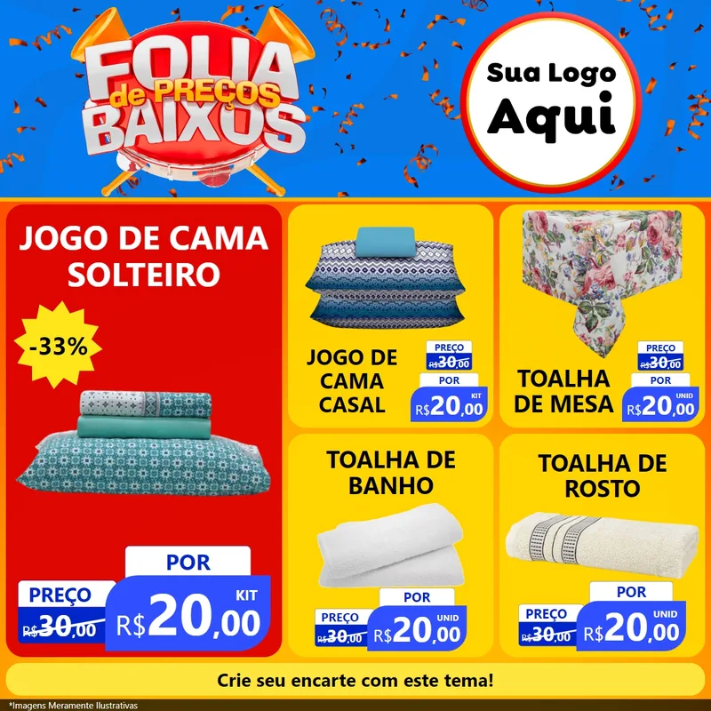 Modelo de Rede Social para Feed Facebook com o tema Folia de Preços Baixos para Cama, Mesa e Banho