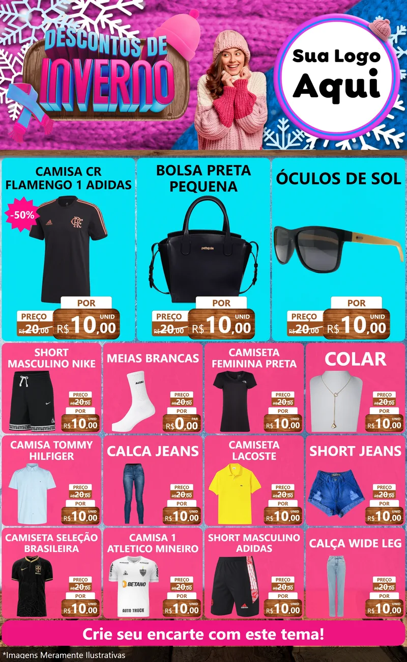 Modelo de Encarte para Encarte Grande com o tema Descontos de Inverno para Roupas e acessórios