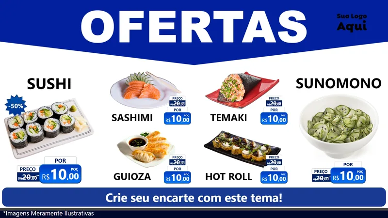 Modelo de TV para TV Horizontal com o tema Ofertas Azul Cartaz para Comida japonesa