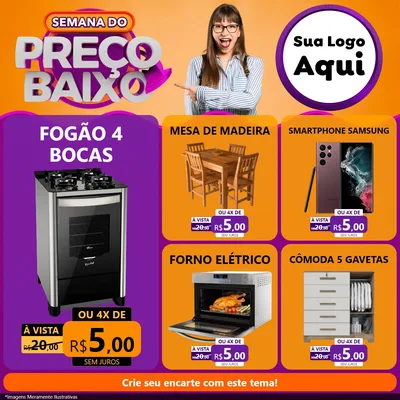 Modelo de Rede Social para Feed Facebook com o tema Semana do Preço Baixo para Móveis e Eletro