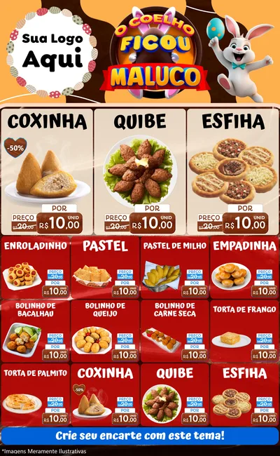 Modelo de Encarte para Encarte Grande com o tema O Coelho Ficou Maluco - Páscoa para Salgadaria