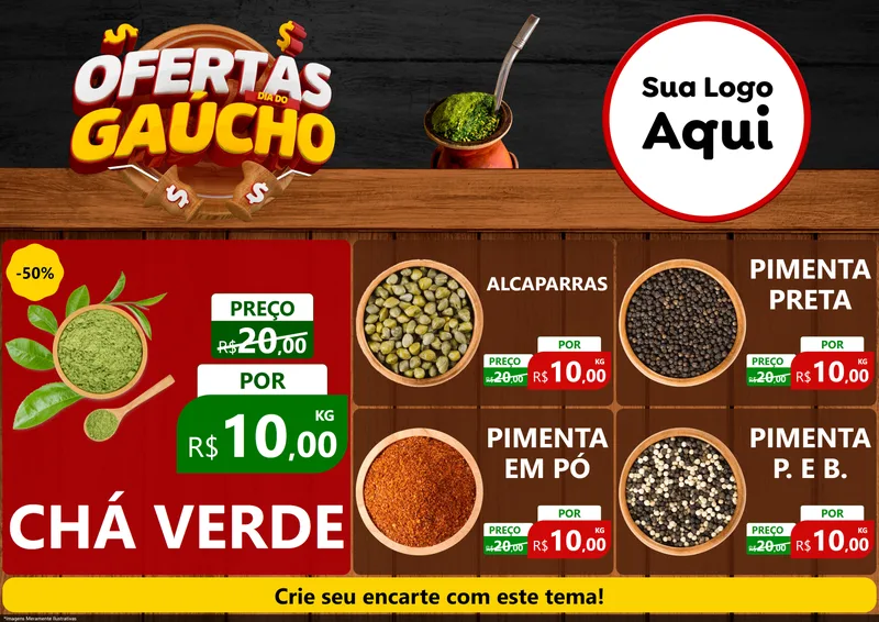 Modelo de Encarte para Encarte A4 Horizontal com o tema Ofertas Dia do Gaúcho para Produtos Naturais