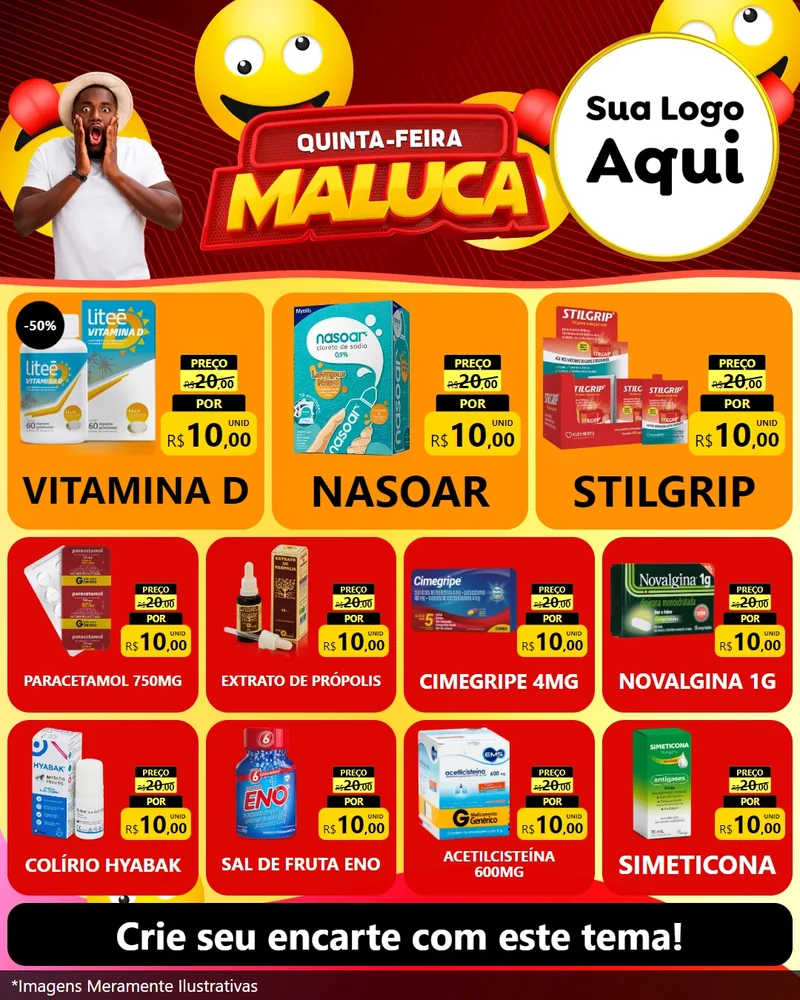 Modelo de Rede Social para Feed Instagram com o tema Quinta-feira Maluca para Farmácia