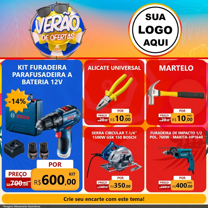 Modelo de Rede Social para Feed Facebook com o tema Verão de Ofertas para Maquinas e Ferramentas