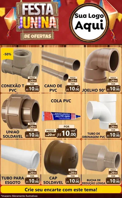 Modelo de Encarte para Encarte Grande com o tema Festa Junina de Ofertas para Tubos e conexões